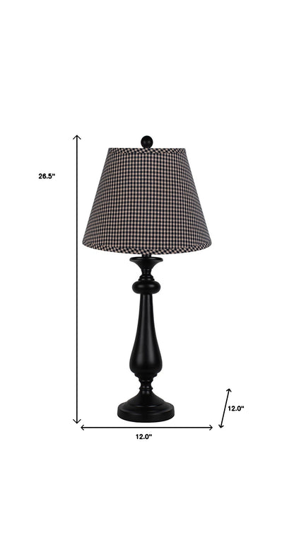 27" Black Candlestick Table Lamp With Black Mini Check Shade