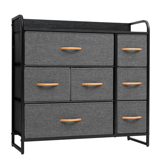 32" Gray and Black Steel and Fabric Seven Drawer Dresser