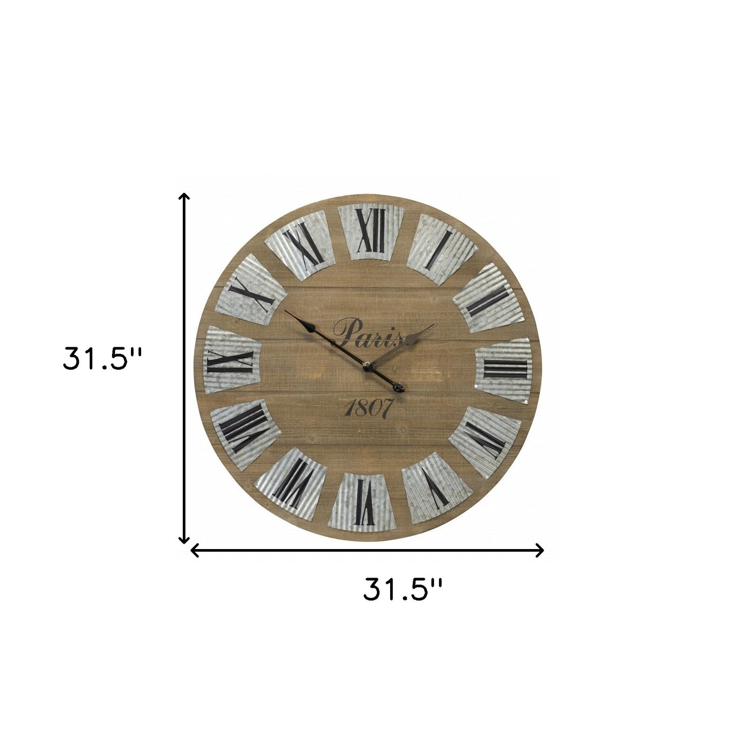 32" Round Brown Wood And Metal Analog Wall Clock
