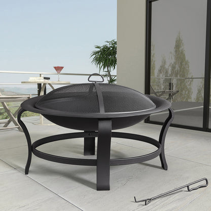 30" Black Round Steel Wood Burning Outdoor Fire Pit
