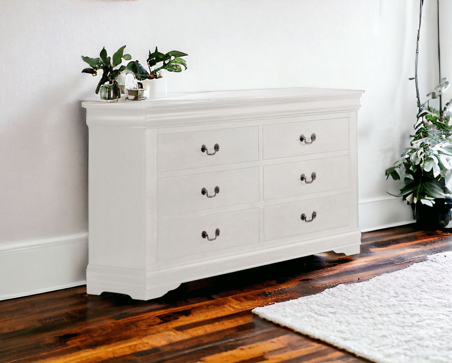 57" White Solid Wood Six Drawer Double Dresser