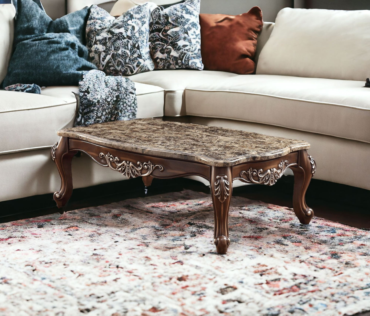 57" Brown And Oak Faux Marble And Solid And Manufactured Wood Coffee Table