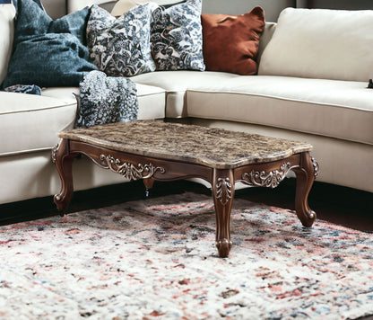 57" Brown And Oak Faux Marble And Solid And Manufactured Wood Coffee Table