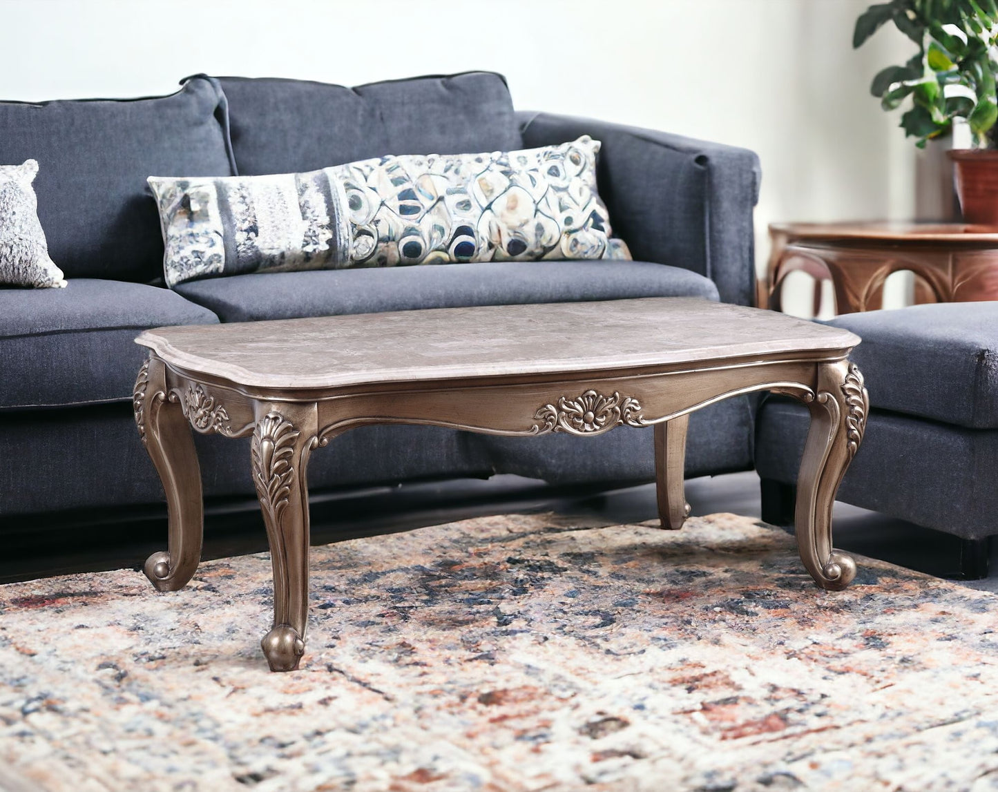 52" Champagne Faux Marble And Solid And Manufactured Wood Coffee Table