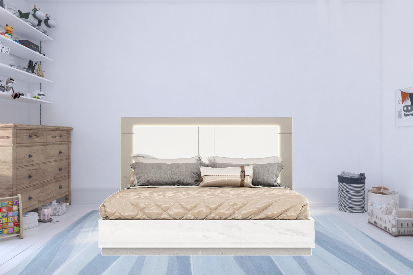 King White High Gloss Bed Frame with LED Headboard