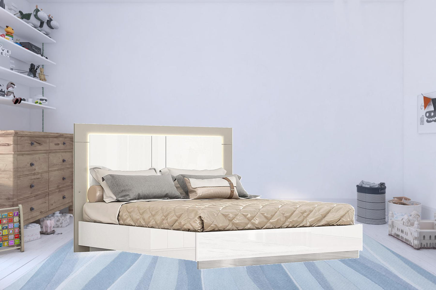 Queen White and Taupe High Gloss Bed Frame with LED Headboard