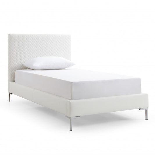 Twin Size White Upholstered Faux Leather Bed Frame