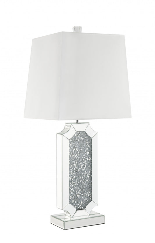 33" Mirrored Glass Faux Crystals Table Lamp With White Square Shade
