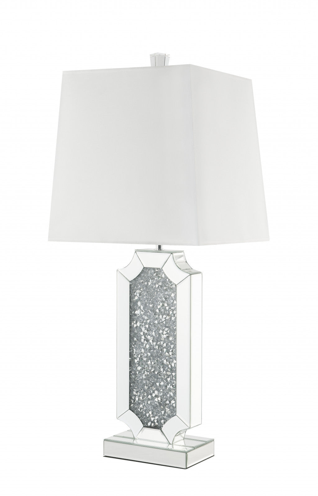 33" Mirrored Glass Faux Crystals Table Lamp With White Square Shade