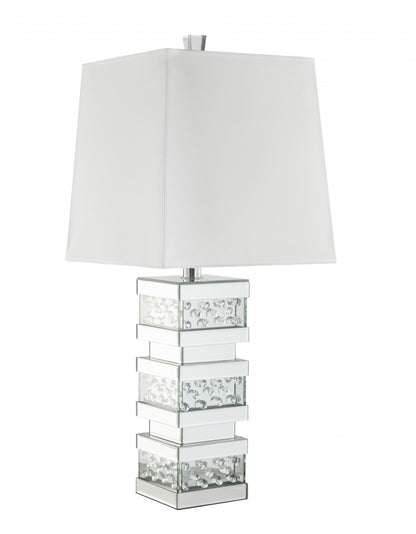 31" Mirrored Glass Faux Crystal Chunky Geo Table Lamp With White Square Shade