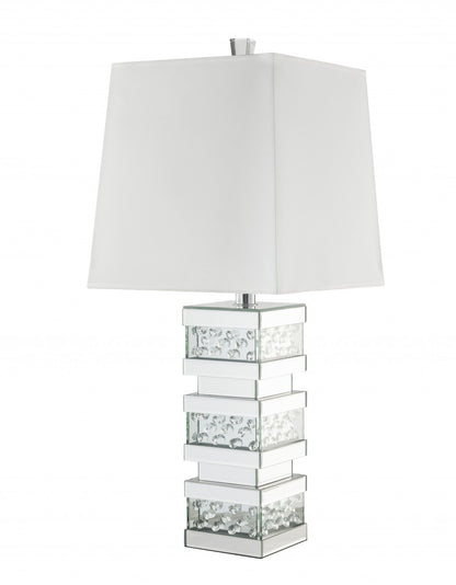 31" Mirrored Glass Faux Crystal Chunky Geo Table Lamp With White Square Shade
