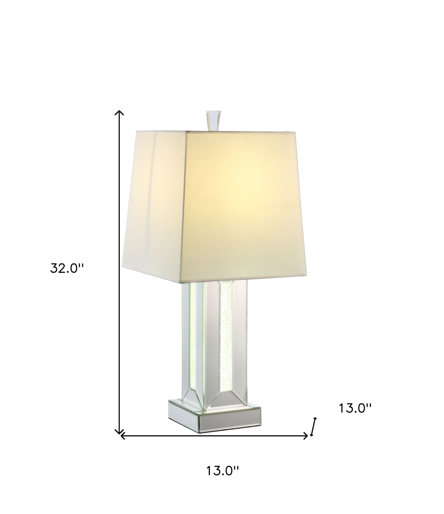 32" Mirrored Glass and Faux Crystal Table Lamp With White Square Shade