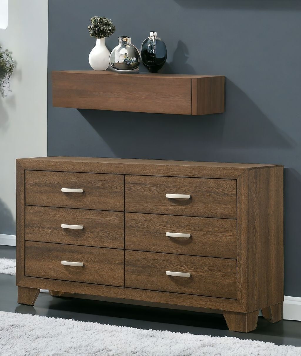59" Brown Solid and Manufactured Wood Six Drawer Double Dresser