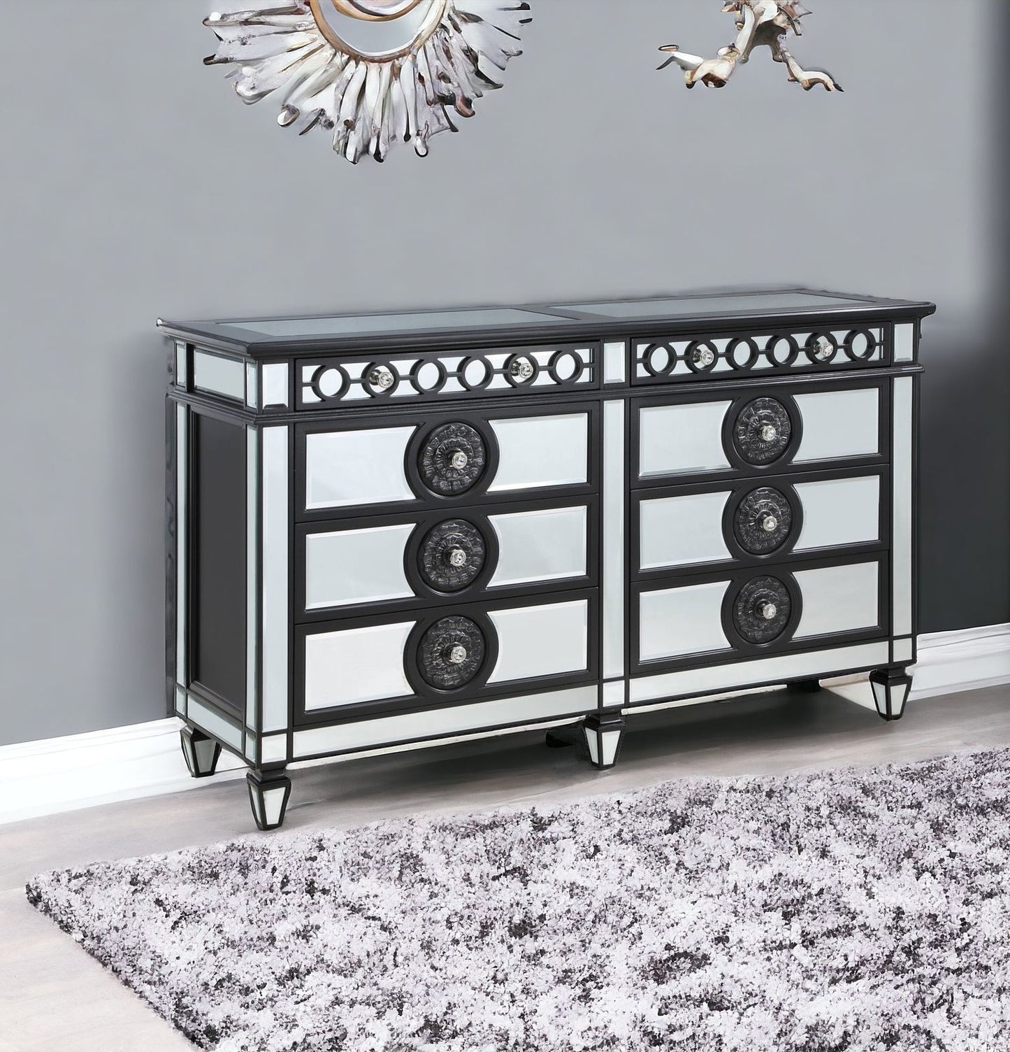 68" Black and Silver Solid and Manufactured Wood Mirrored Eight Drawer Double Dresser