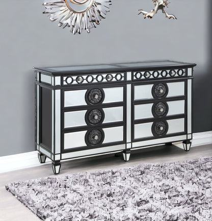 68" Black and Silver Solid and Manufactured Wood Mirrored Eight Drawer Double Dresser
