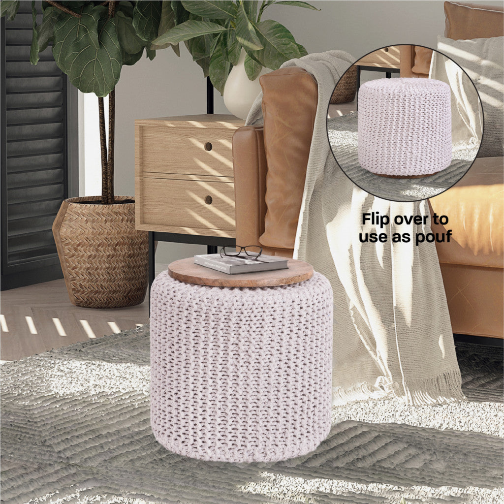16" White Cotton Blend And Brown Round Pouf Ottoman