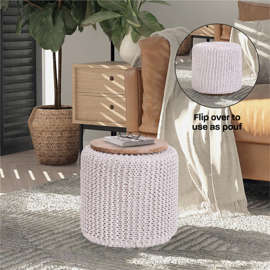 16" White Cotton Blend And Brown Round Pouf Ottoman