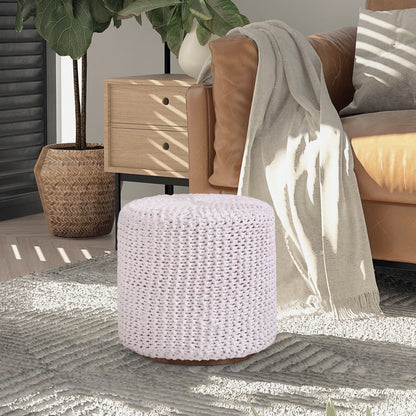 16" White Cotton Blend And Brown Round Pouf Ottoman