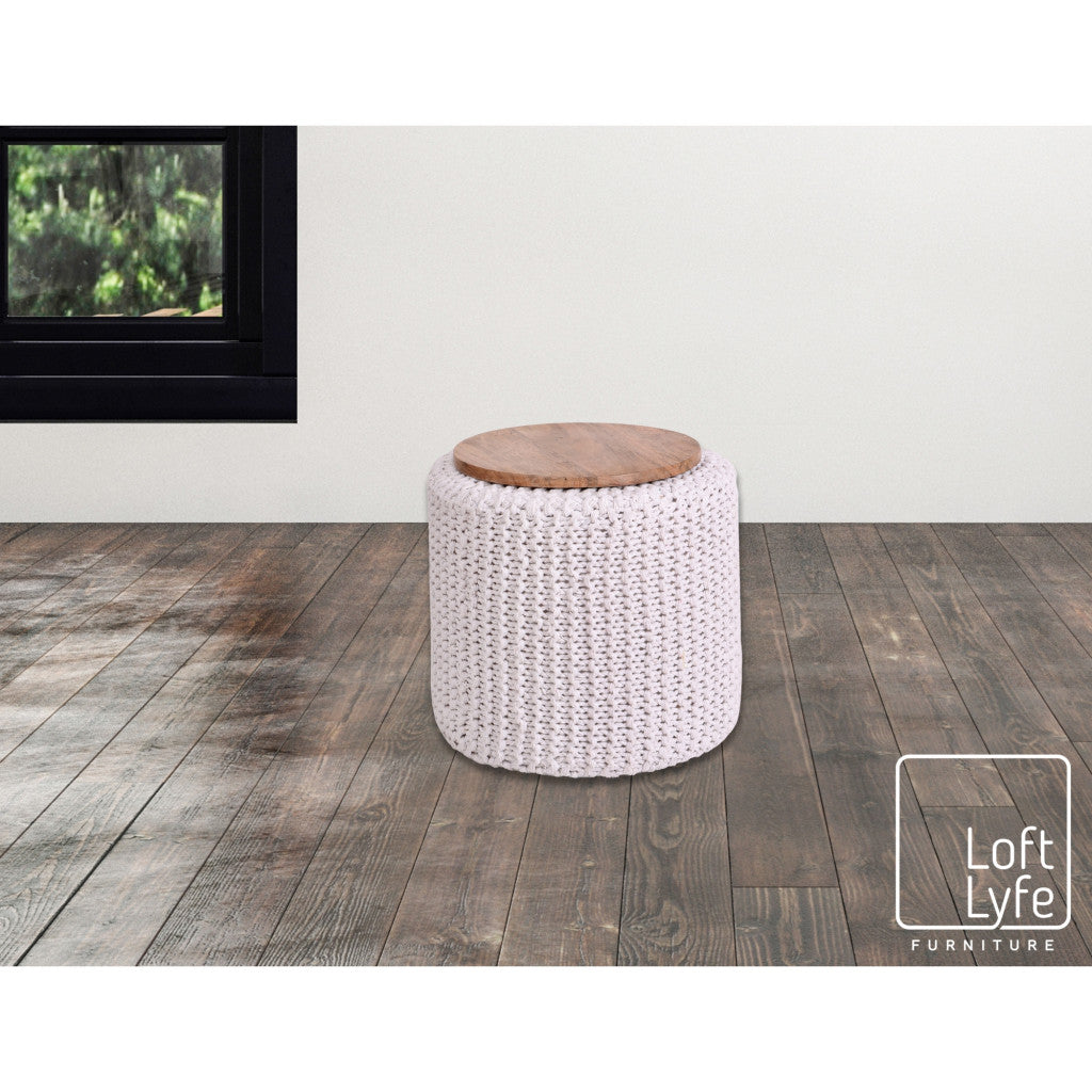 16" White Cotton Blend And Brown Round Pouf Ottoman