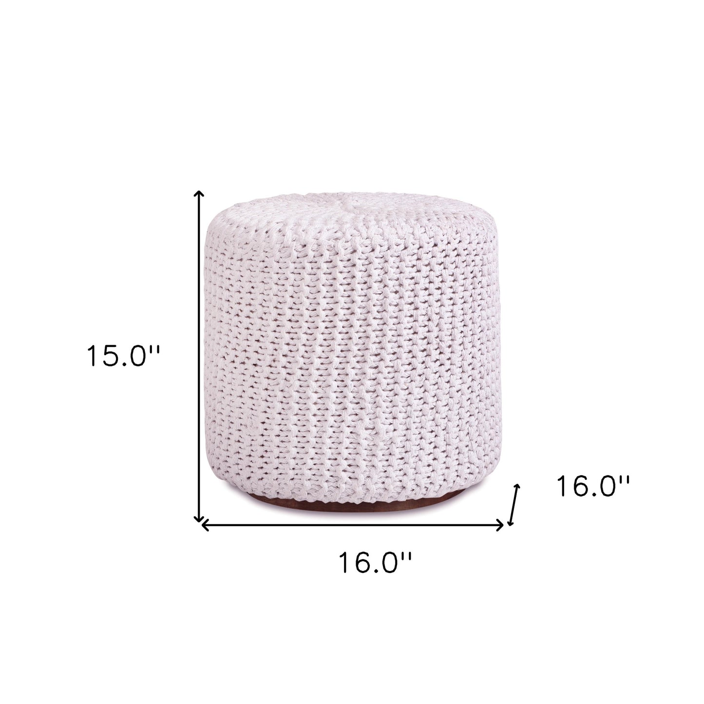 16" White Cotton Blend And Brown Round Pouf Ottoman