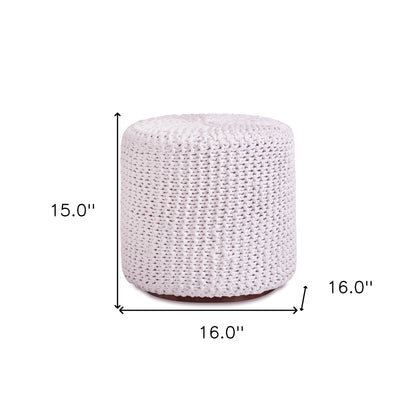 16" White Cotton Blend And Brown Round Pouf Ottoman