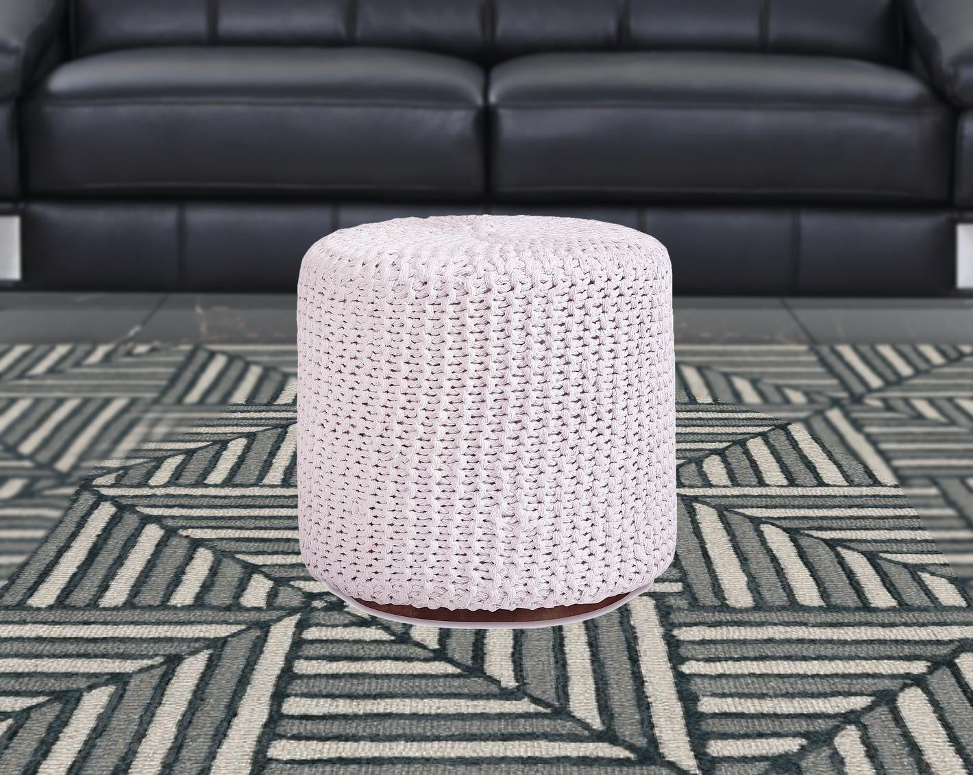 16" White Cotton Blend And Brown Round Pouf Ottoman