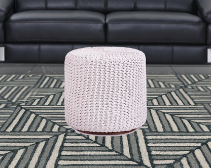 16" White Cotton Blend And Brown Round Pouf Ottoman