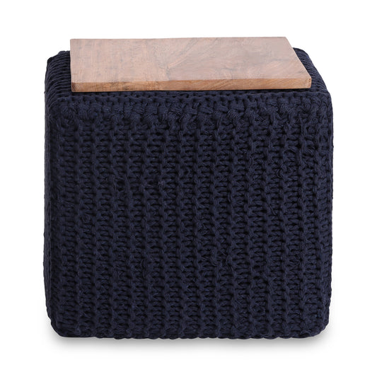 16" Light Gray Cotton Blend And Brown Pouf Ottoman