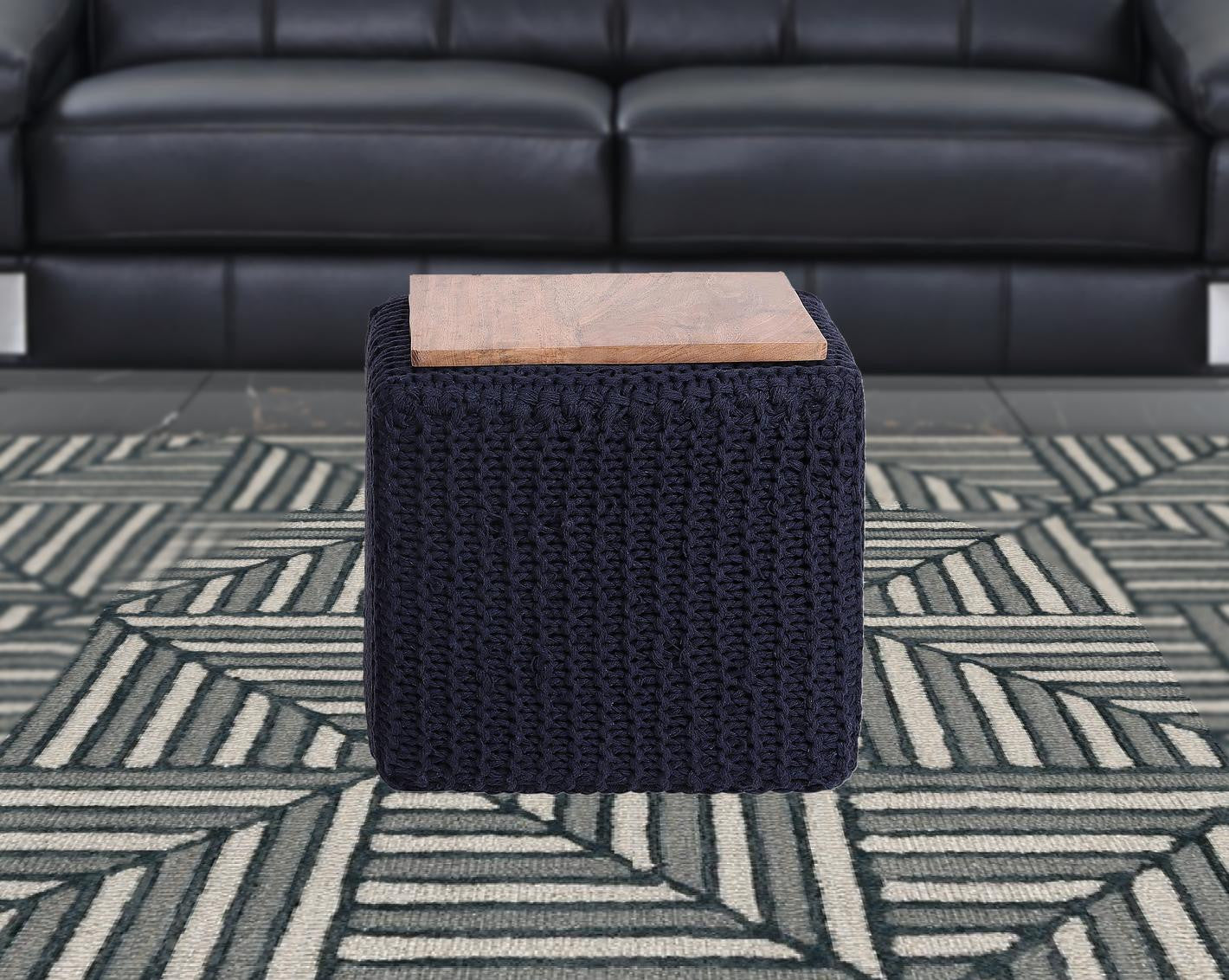 16" Light Gray Cotton Blend And Brown Pouf Ottoman