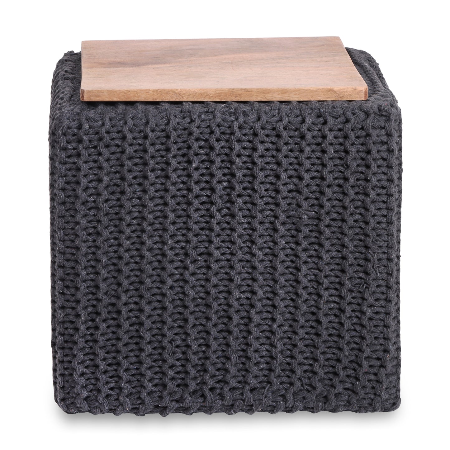 16" Light Gray Cotton Blend And Brown Pouf Ottoman