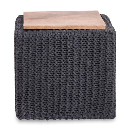 16" Light Gray Cotton Blend And Brown Pouf Ottoman