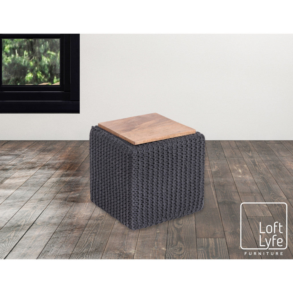16" Light Gray Cotton Blend And Brown Pouf Ottoman