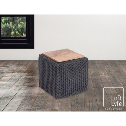 16" Light Gray Cotton Blend And Brown Pouf Ottoman