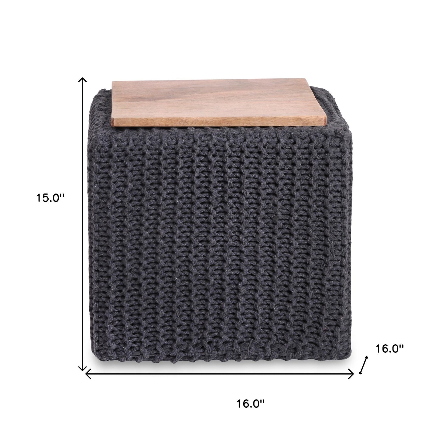 16" Light Gray Cotton Blend And Brown Pouf Ottoman