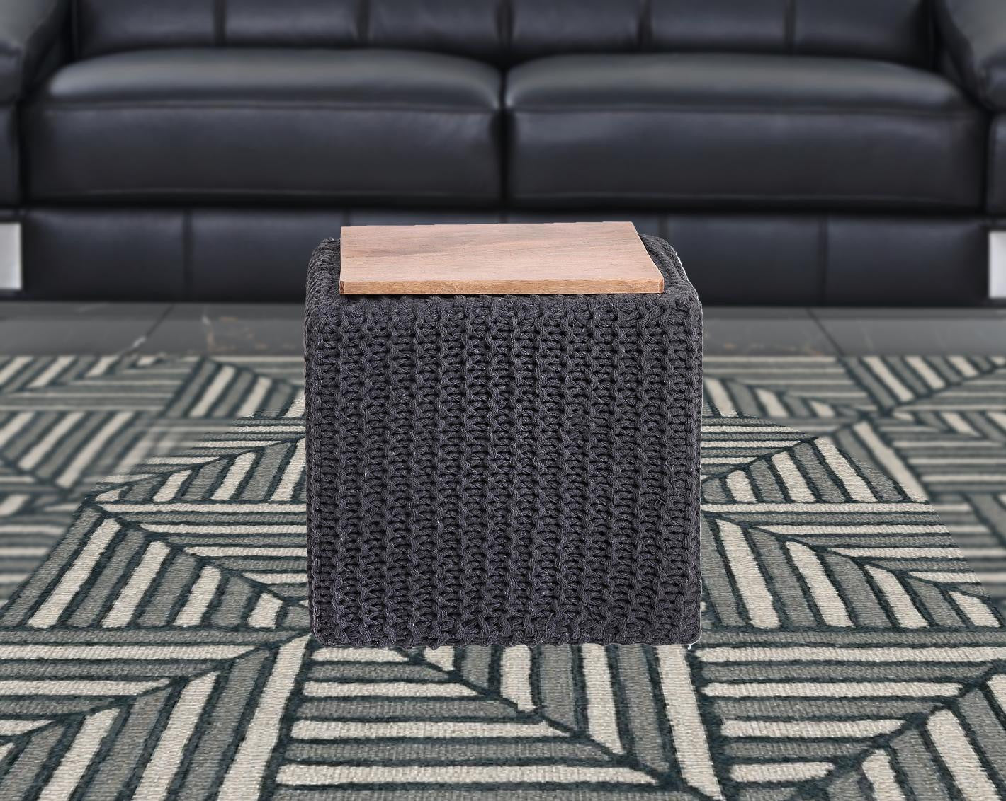 16" Light Gray Cotton Blend And Brown Pouf Ottoman