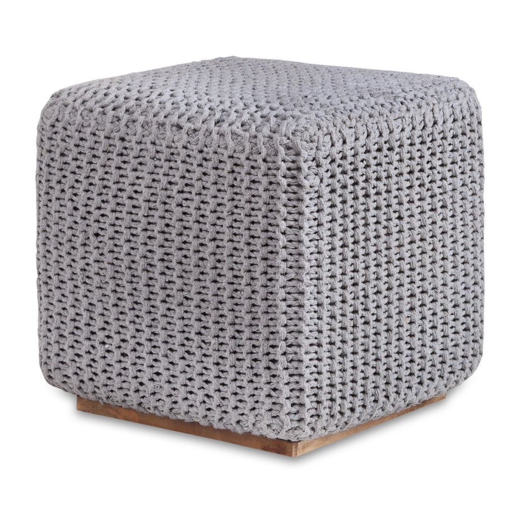 16" Light Gray Cotton Blend And Brown Pouf Ottoman