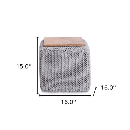 16" Light Gray Cotton Blend And Brown Pouf Ottoman