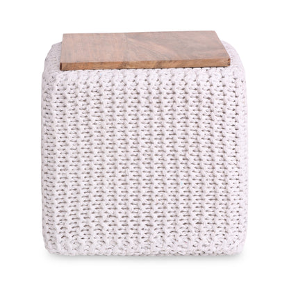 16" Light Gray Cotton Blend And Brown Pouf Ottoman