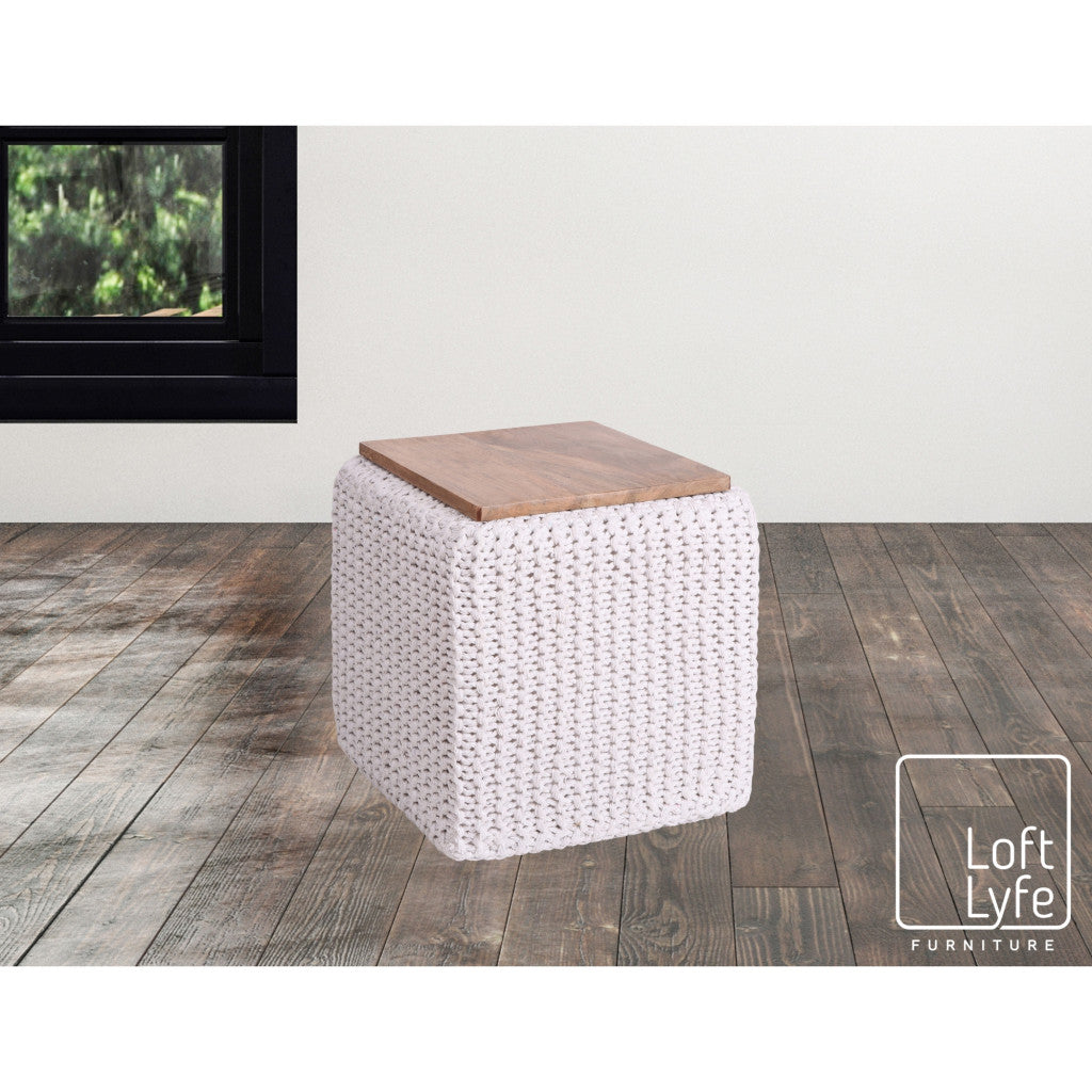 16" Light Gray Cotton Blend And Brown Pouf Ottoman
