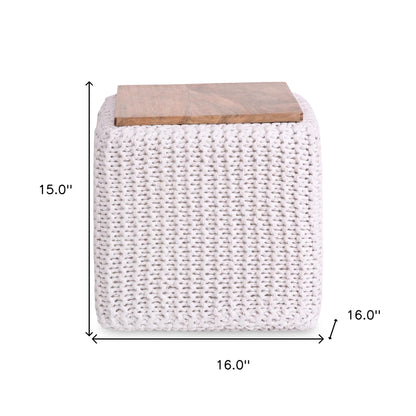 16" Light Gray Cotton Blend And Brown Pouf Ottoman
