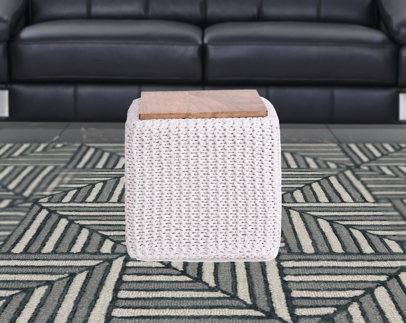 16" Light Gray Cotton Blend And Brown Pouf Ottoman