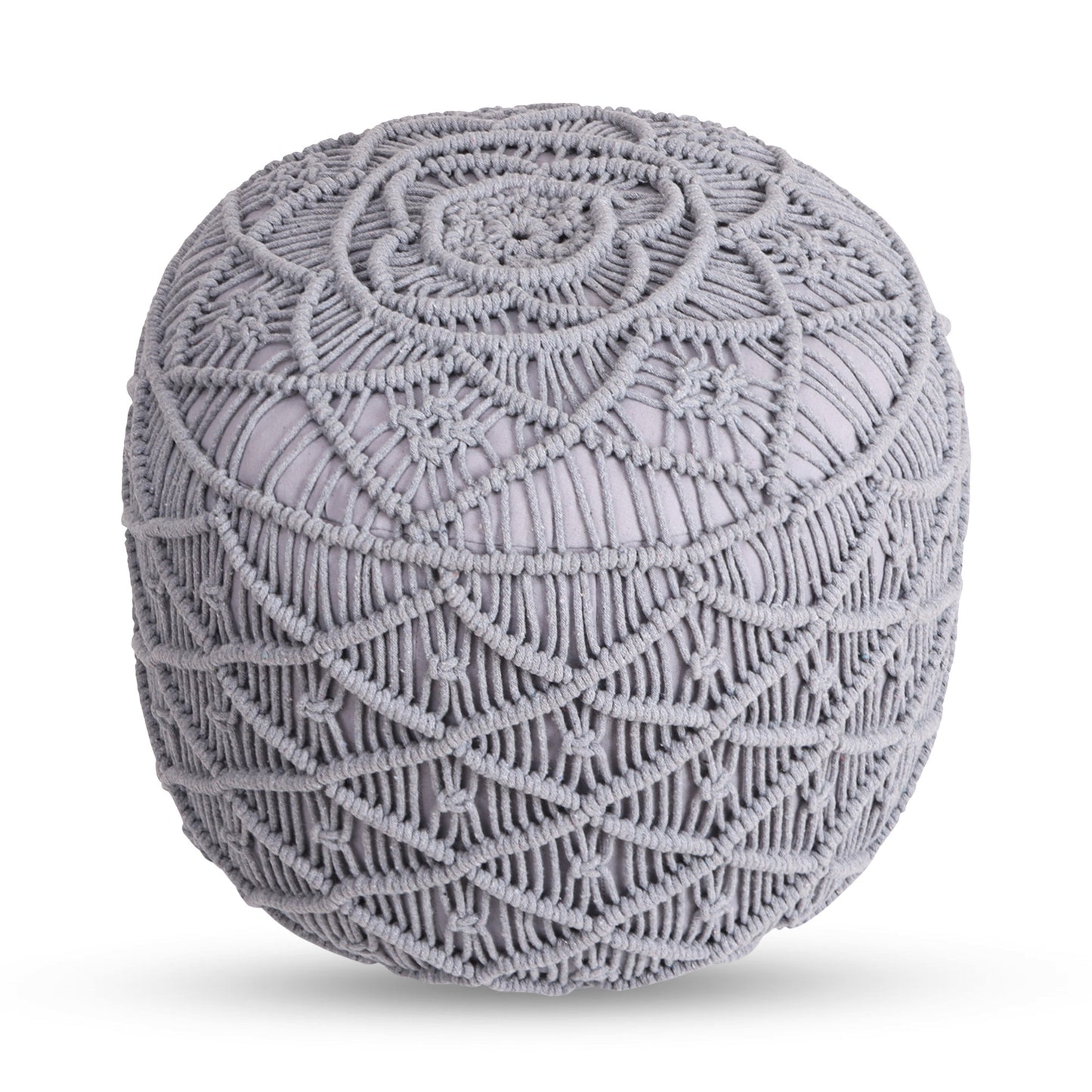 18" Light Gray Cotton Blend And Brown Round Pouf Ottoman