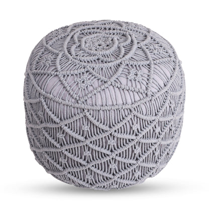 18" Light Gray Cotton Blend And Brown Round Pouf Ottoman