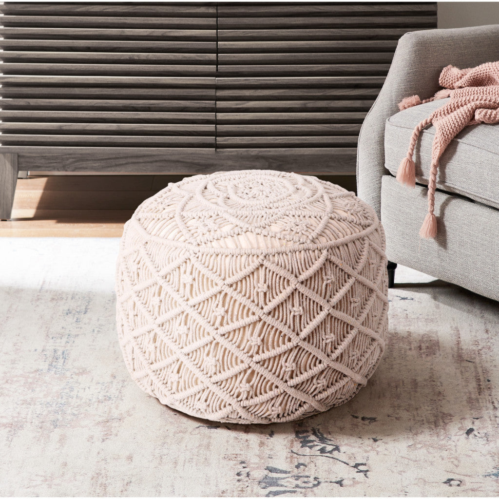 18" Light Gray Cotton Blend And Brown Round Pouf Ottoman