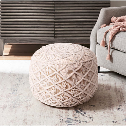 18" Light Gray Cotton Blend And Brown Round Pouf Ottoman