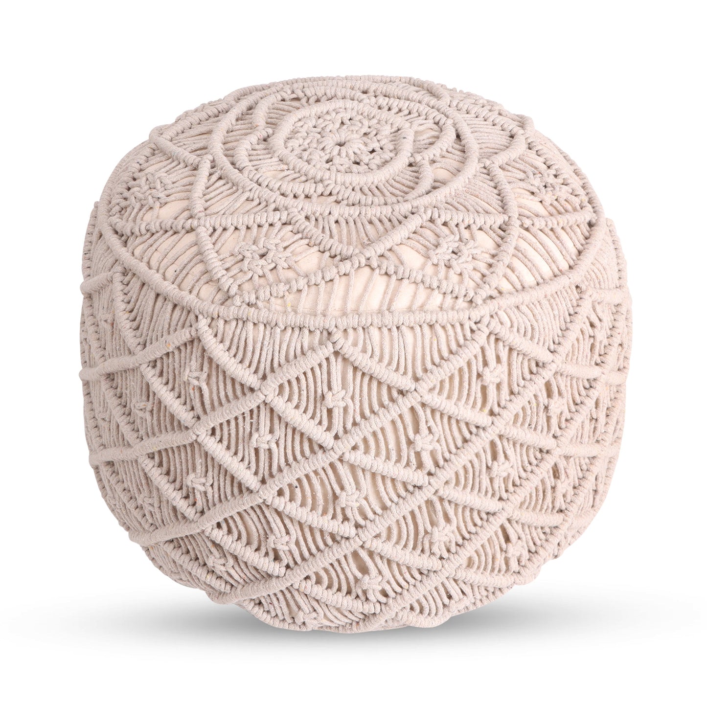 18" Light Gray Cotton Blend And Brown Round Pouf Ottoman
