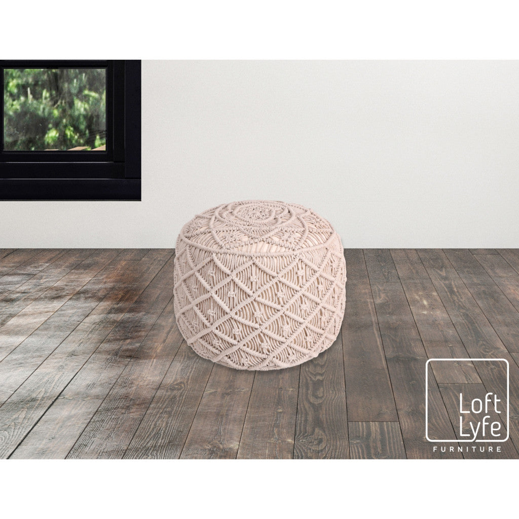 18" Light Gray Cotton Blend And Brown Round Pouf Ottoman