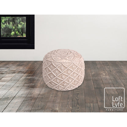 18" Light Gray Cotton Blend And Brown Round Pouf Ottoman