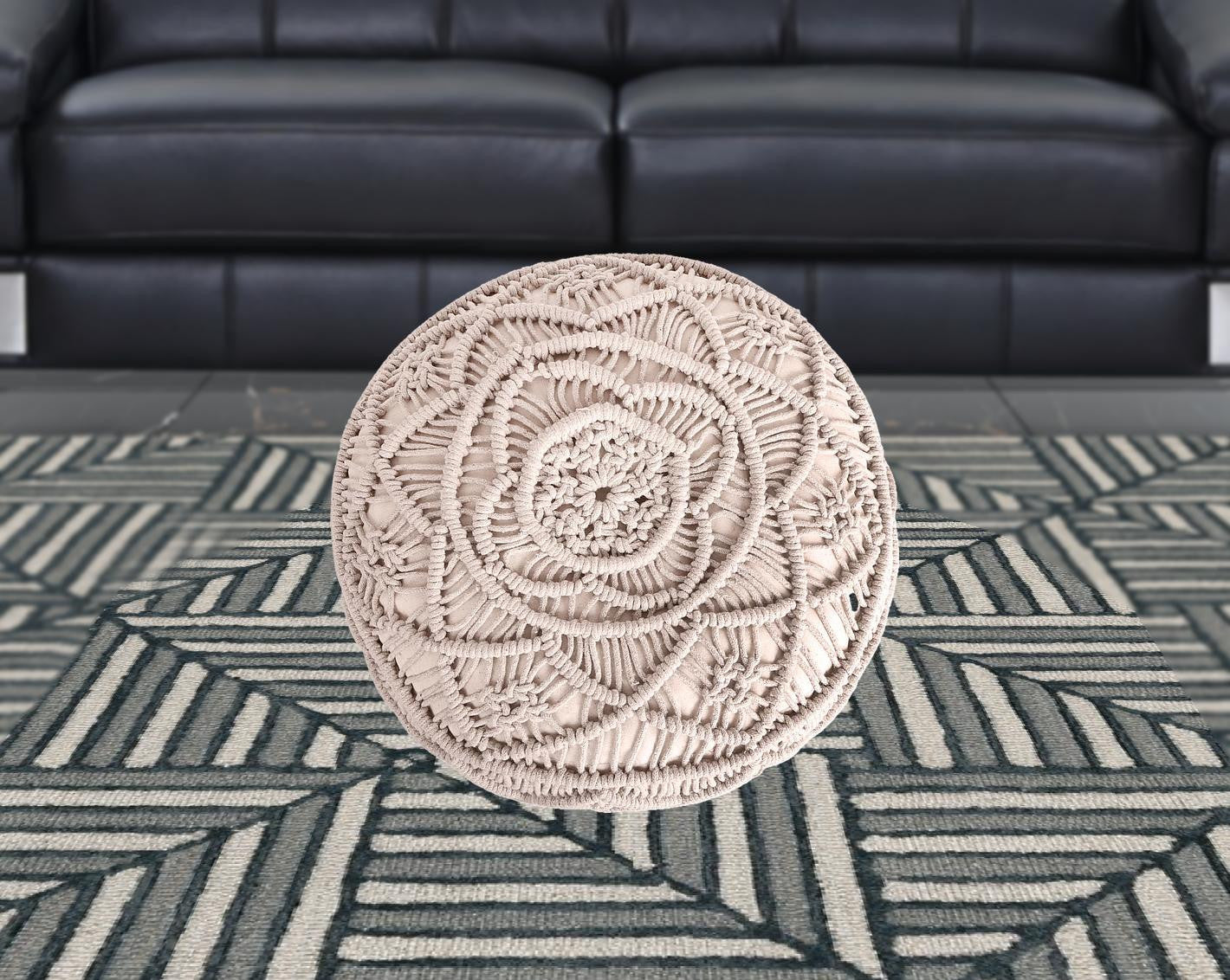 18" Light Gray Cotton Blend And Brown Round Pouf Ottoman
