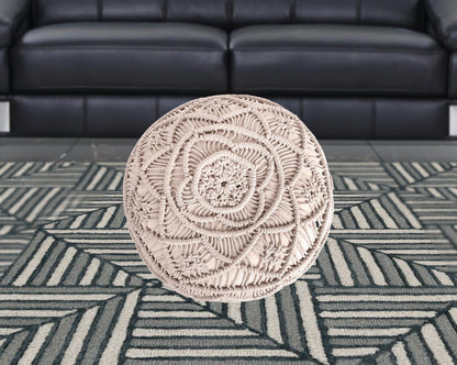 18" Light Gray Cotton Blend And Brown Round Pouf Ottoman
